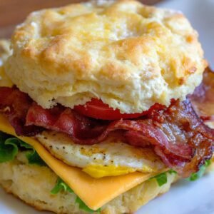 Delicious breakfast biscuit sandwich with bacon, egg, and cheese. Perfect for breakfast lovers.